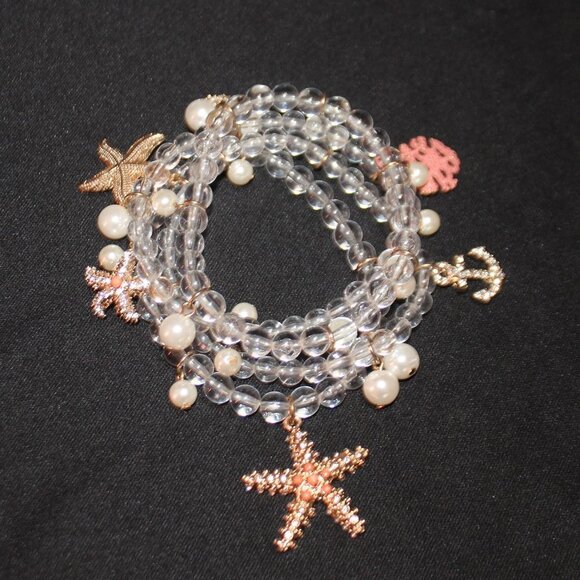 Starfish Four-strand Clear Bead and Faux Pearl Stretch Bracelet - Picture 3 of 7